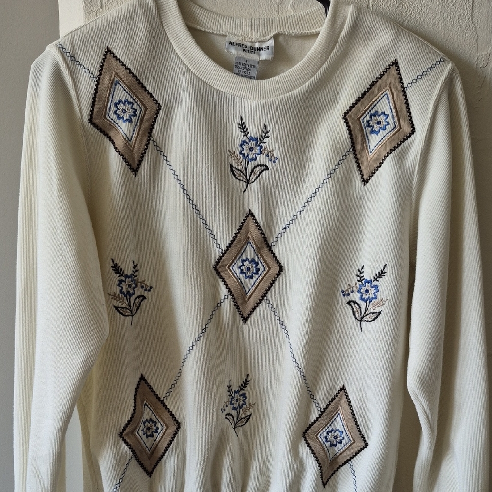 Alfred Dunner Cream Sweater with Blue and Brown Embroidery